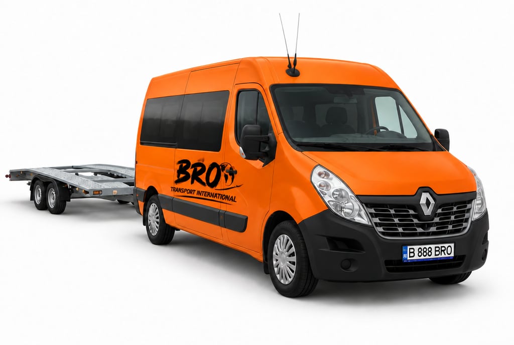 Renault Master portocaliu BRO, numărul B 888 BRO, cu platformă pentru mașini