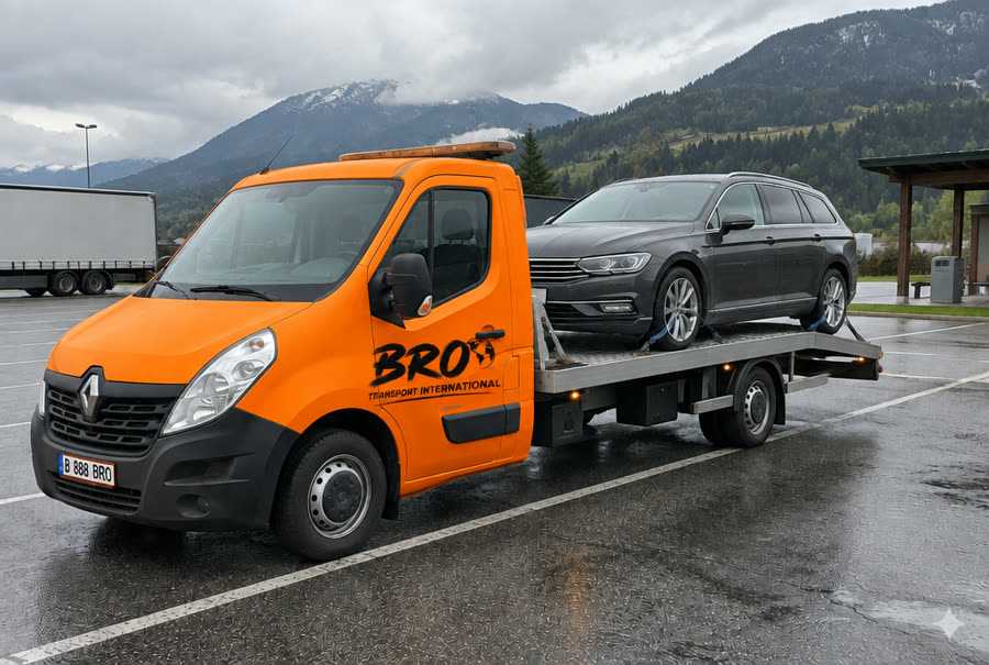 Autoturism transportat pe platformă